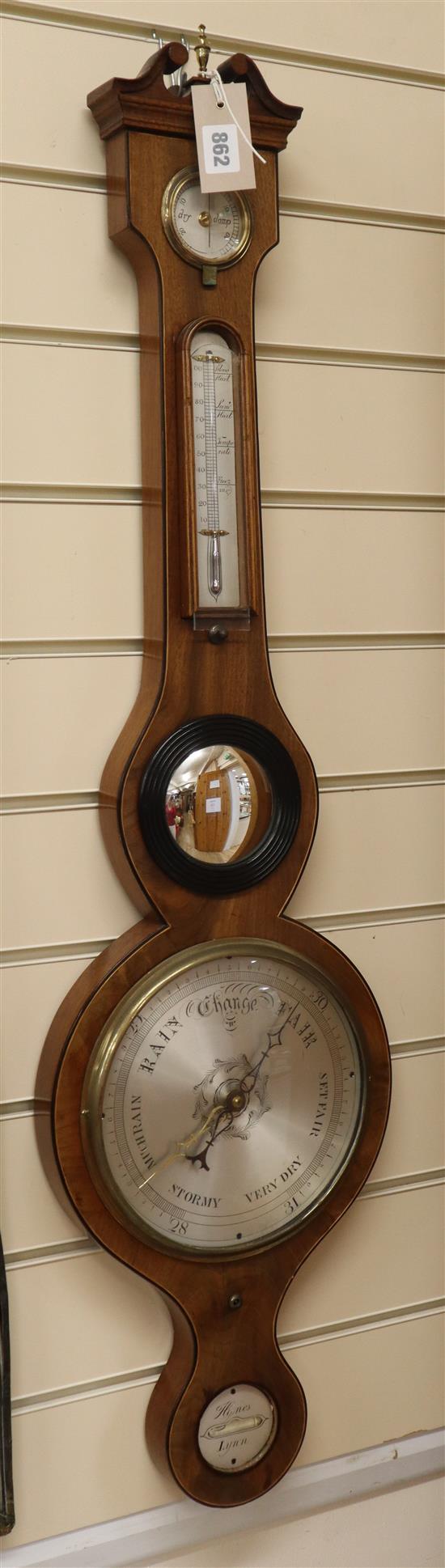 Hynes of Lynn. A Regency inlaid mahogany banjo barometer and thermometer H.100cm